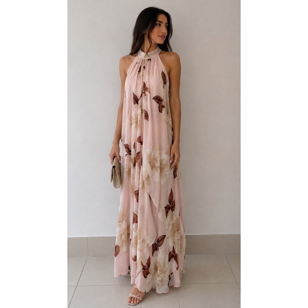 Windsor Floral Halter Maxi Dress Pink Chiffon Ruffle Formal Gown Sleeveless